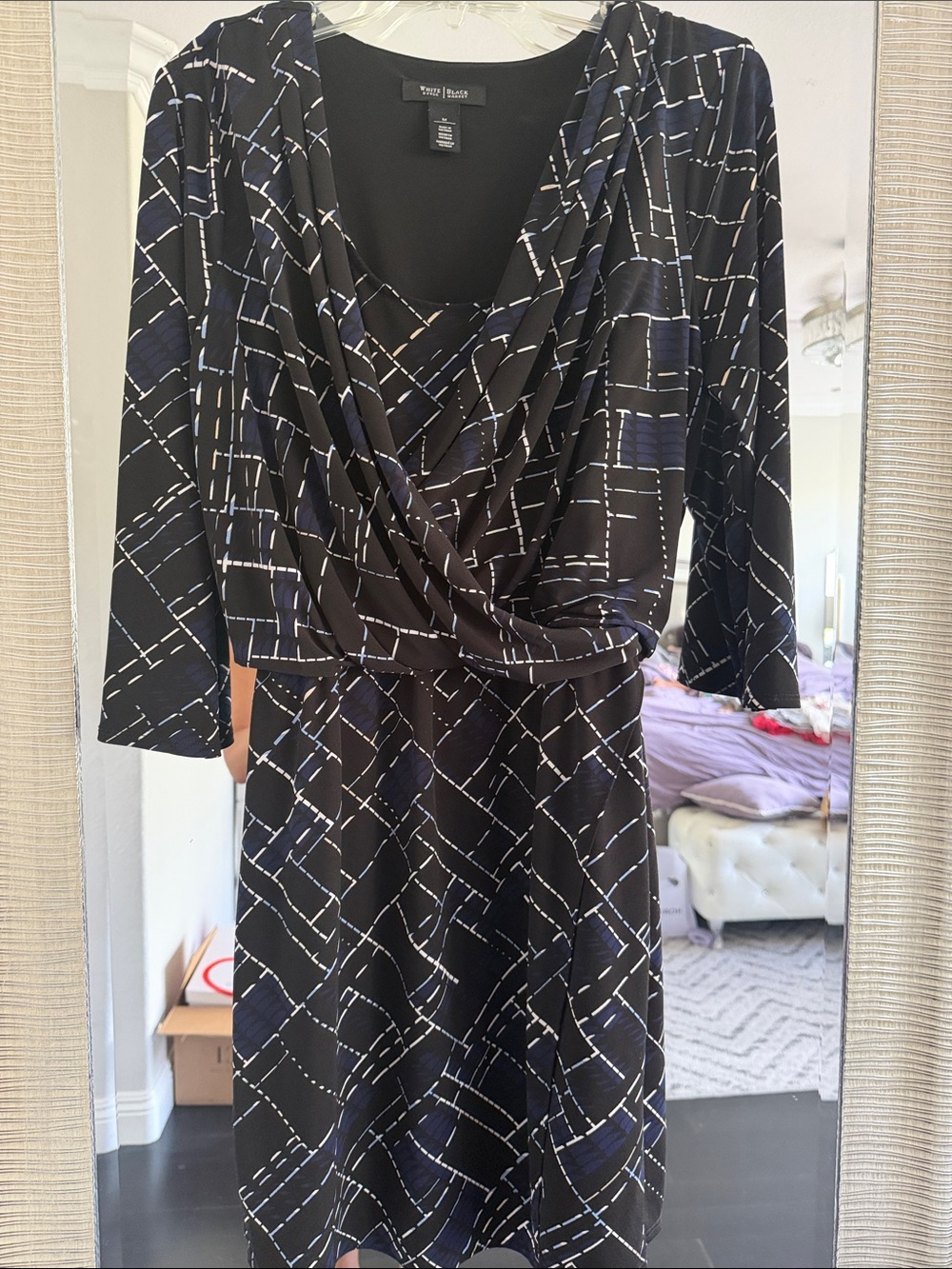 White House Black Market Black, Blue & White Geometric Drape-Neck Blouse
